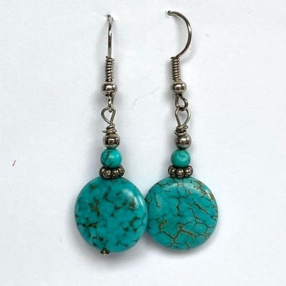 Turquoise Beaded Dangle Earrings Silver tone Boho - Picture 6 of 6